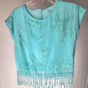 Boutique blue turquoise mint fringe embroidered Blouse Shirt top